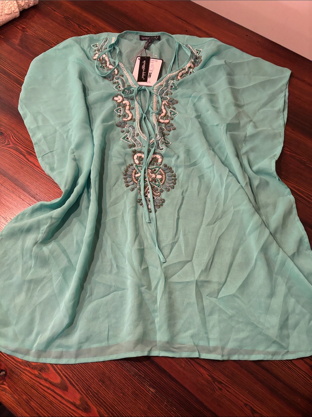 Spiaggia dolce Embellished Seafoam sheer Tunic Top. NWT